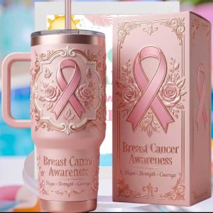 Elegant Pink Breast Cancer Awareness Floral Ribbon Commemorative Tumbler Elegant Pink Breast Cancer Awareness Floral Ribbon Commemorative Tumbler