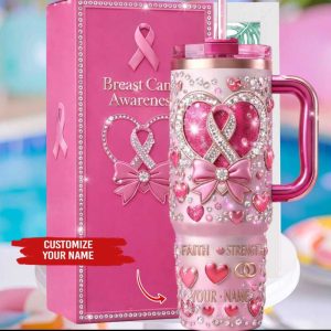 Personalized Breast Cancer Awareness Tumbler with Handle Pink Ribbon Faith Strength Custom Name Tumbler Personalized Breast Cancer Awareness Tumbler with Handle Pink Ribbon Faith Strength Custom Name Tumbler