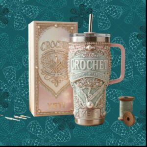 Crochet Handmade Heart Art Pastel Mint Pearls Hobbyist Crafting Women Gift Stainless Steel Insulated Tumbler