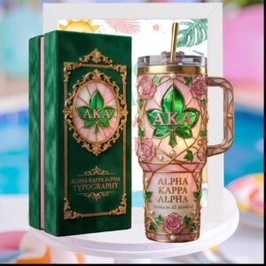 Alpha Kappa Alpha AKA Sorority 1908 Pink and Green Ivy Leaf Floral Greek Gift Stainless Steel Insulated Tumbler