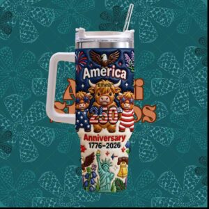 America 250th Anniversary 1776 2026 Patriotic Highland Cow Flowers USA Pride Stainless Steel Insulated Tumbler