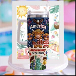 America 250th Anniversary 1776 2026 Patriotic Highland Cow Flowers USA Pride Stainless Steel Insulated Tumbler