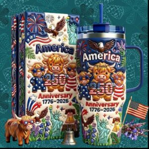 America 250th Anniversary 1776 2026 USA Independence Day Patriotic Highland Cow Tumbler