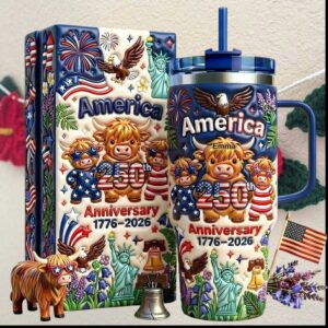 America 250th Anniversary 1776 2026 USA Independence Day Patriotic Highland Cow Tumbler