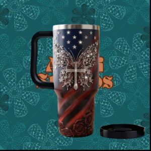 American Flag Butterfly Cross Religious Stars Patriotic Roses Tumbler