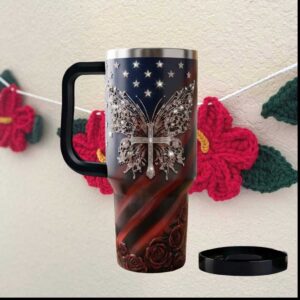 American Flag Butterfly Cross Religious Stars Patriotic Roses Tumbler