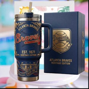 Atlanta Braves Est 1871 Heritage Edition Baseball Chop On Blue Gold Stainless Steel Insulated Tumbler
