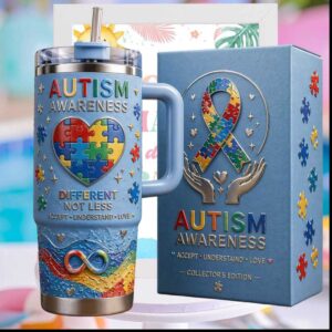 Autism Awareness Different Not Less Rainbow Puzzle Piece Infinity Symbol Support Tumbler