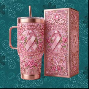 Breast Cancer Awareness Pink Strong Rose Floral Ribbon Hope Support Tumbler