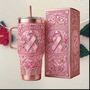 Breast Cancer Awareness Pink Strong Rose Floral Ribbon Hope Support Tumbler