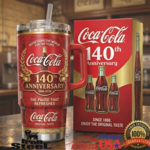 Coca Cola 140th Anniversary The Pause That Refreshes 40oz Red Gold Tumbler