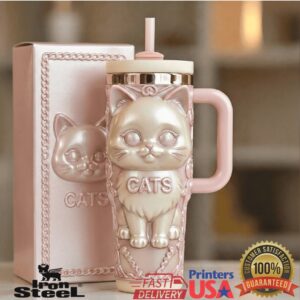 Cute Pink Cats Pearlescent 3D Style Kawaii Aesthetic Retro Animal Lover Gifts for Women Stainless Steel Insulated Tumbler
