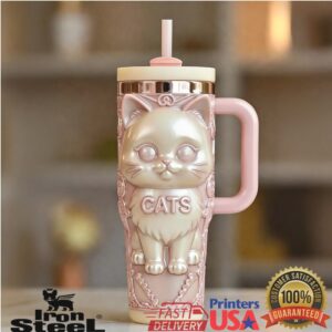 Cute Pink Cats Pearlescent 3D Style Kawaii Aesthetic Retro Animal Lover Gifts for Women Stainless Steel Insulated Tumbler
