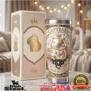 Cute Royal Gold Crown Capybara Keep It Cozy Cream Retro 40oz Stainless Steel Insulated Tumbler