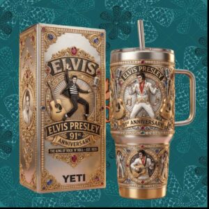 Elvis Presley 91st Anniversary King of Rock N Roll 1935 Gold Tumbler