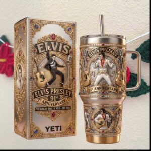 Elvis Presley 91st Anniversary King of Rock N Roll 1935 Gold Tumbler