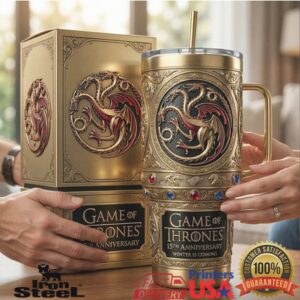 Game Of Thrones 15th Anniversary Winter Is Coming Dragon Fan Vintage Style Gold Tumbler