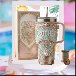 Crochet Handmade Heart Art Pastel Mint Pearls Hobbyist Crafting Women Gift Stainless Steel Insulated Tumbler