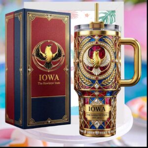 Iowa Hawkeyes State Pride Gold Stained Glass Retro Home Decor Gift Stainless Steel Insulated Tumbler