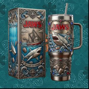 Jaws Movie 50 Years of Terror Shark Attack 3D Engraved Vintage Gift Stainless Steel Insulated Tumbler