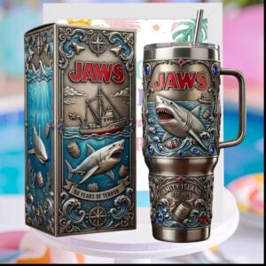 Jaws Movie 50 Years of Terror Shark Attack 3D Engraved Vintage Gift Stainless Steel Insulated Tumbler