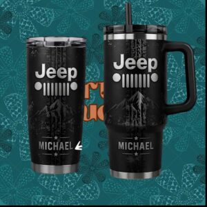 Jeep Grill Mountain Personalized Name Michael Black Matte Rugged 4x4 Off Road Tumbler