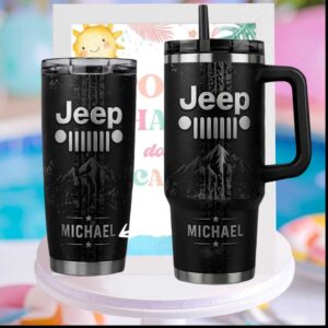 Jeep Grill Mountain Personalized Name Michael Black Matte Rugged 4x4 Off Road Tumbler