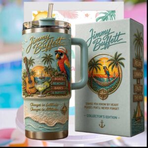 Jimmy Buffett Changes in Latitudes Attitudes Tropical Parrot Beach Vintage Fan Gift Tumbler