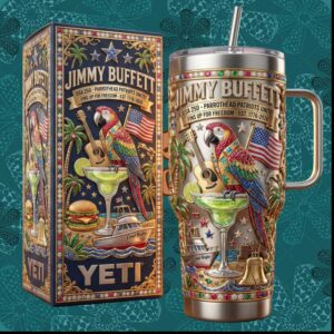 Jimmy Buffett USA 250 Parrothead Patriots Est 1776 2026 Vintage 40oz Gift Stainless Steel Insulated Tumbler