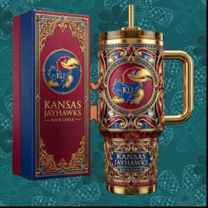 Kansas Jayhawks Rock Chalk Blue Red Gold Jeweled Collegiate Sports Fans Stainless Steel Insulated Tumbler