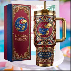 Kansas Jayhawks Rock Chalk Blue Red Gold Jeweled Collegiate Sports Fans Stainless Steel Insulated Tumbler