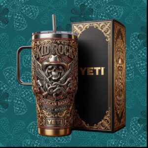 Kid Rock American Badass Detroit Michigan Tour Vintage Western Skull Cowboy Stainless Steel Insulated Tumbler