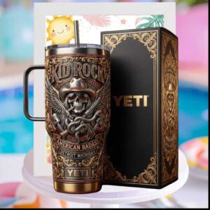 Kid Rock American Badass Detroit Michigan Tour Vintage Western Skull Cowboy Stainless Steel Insulated Tumbler