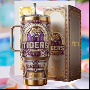 LSU Tigers Geaux Tigers Eye of the Tiger Purple Gold Jeweled Stainless Steel Insulated Tumbler