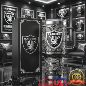Las Vegas Raiders Just Win Baby Raider Nation Football Silver Black Tumbler