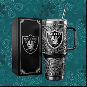 Las Vegas Raiders Just Win Baby Raider Nation Silver Black NFL Tumbler