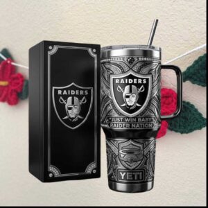 Las Vegas Raiders Just Win Baby Raider Nation Silver Black NFL Tumbler