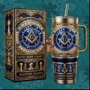 Master Mason Faith Hope Charity Freemasonry Fraternal Blue Gold Ornate Collector Gift Tumbler