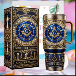 Master Mason Faith Hope Charity Freemasonry Fraternal Blue Gold Ornate Collector Gift Tumbler
