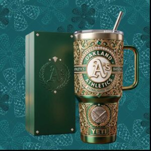 Oakland Athletics MLB Baseball Green Gold Filigree Luxury Tumbler