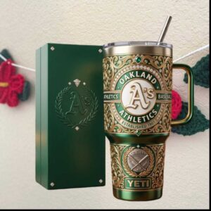 Oakland Athletics MLB Baseball Green Gold Filigree Luxury Tumbler