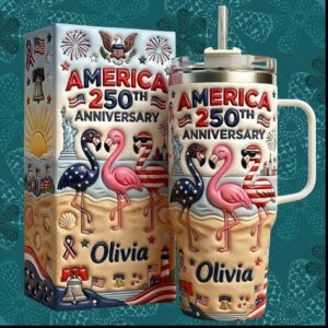 Olivia Personalized Flamingo America 250th Anniversary 1776 2026 Beach Patriotic Tumbler