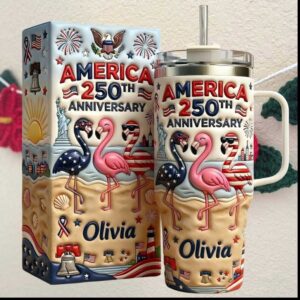 Olivia Personalized Flamingo America 250th Anniversary 1776 2026 Beach Patriotic Tumbler