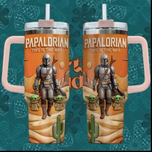 Papalorian This Is The Way Mandalorian Dad Personalized Kids Names Orange Stainless Steel Insulated Tumbler