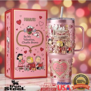 Peanuts Snoopy Charlie Brown Be My Valentine Pink Hearts Holiday Gift Stainless Steel Insulated Tumbler