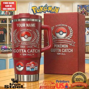 Personalized Pokemon Gotta Catch 'Em All 30th Anniversary Red 40oz Stainless Steel Insulated Tumbler