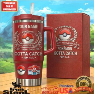Personalized Pokemon Gotta Catch 'Em All 30th Anniversary Red 40oz Stainless Steel Insulated Tumbler