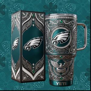 Philadelphia Eagles Fly Eagles Fly Established 1933 Ornate Filigree Teal Tumbler