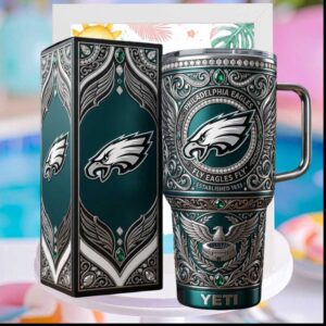 Philadelphia Eagles Fly Eagles Fly Established 1933 Ornate Filigree Teal Tumbler