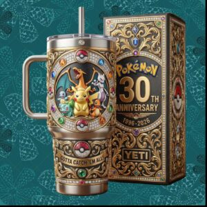 Pokémon 30th Anniversary 1996 2026 Pikachu Charizard Retro Gamer Gift for Kids Adults Stainless Steel Insulated Tumbler